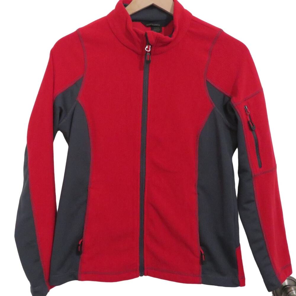 North End Womens Sz XS Red Gray Fleece Jacket Front Zip Colorblock Zippered